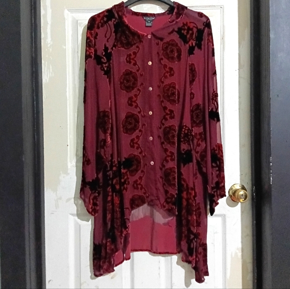 Citron Sz. 4X Rayon & Silk Mix Burgundy Velvet Burnout Button Down Tunic Blouse - Picture 2 of 16